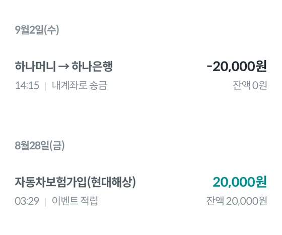 하나머니 앱의 자동차보험 가입 이벤트 적립 내역. 현대해상 가입으로 20,000원