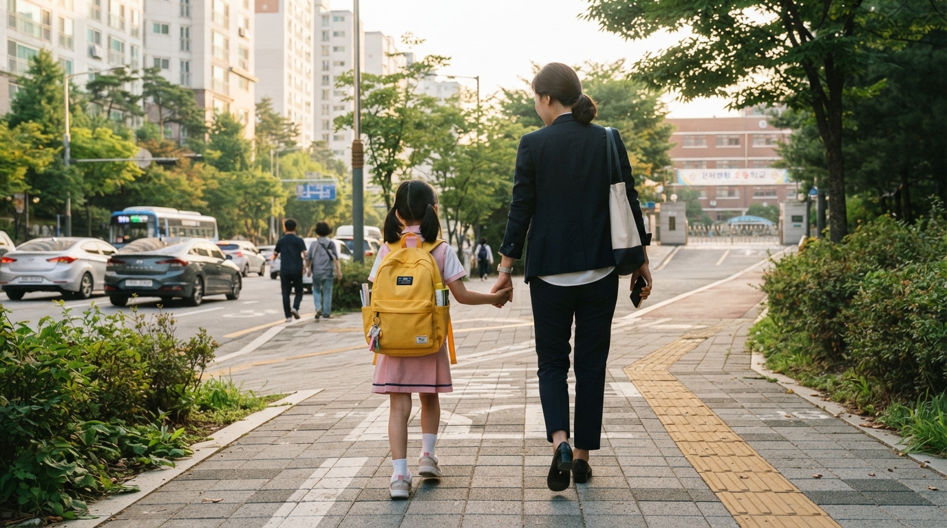엄마 손을 잡고 멀리 있는 초등학교로 걸어가는 아이