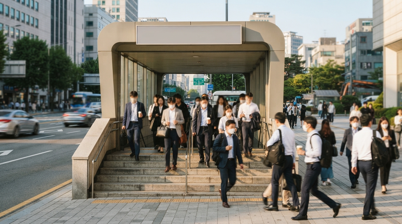 아침 출근 시간 지하철역 입구를 오가는 직장인들