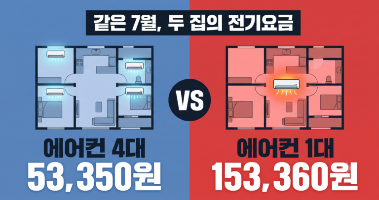 같은 7월 두 집의 전기요금 비교. 에어컨 4대를 각 방에 돌린 집 53,350원, 거실 에어컨 1대만 돌린 집 153,360원