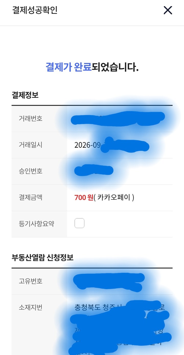 결제 완료 화면. 결제금액 700원 카카오페이. 거래번호와 소재지는 가림