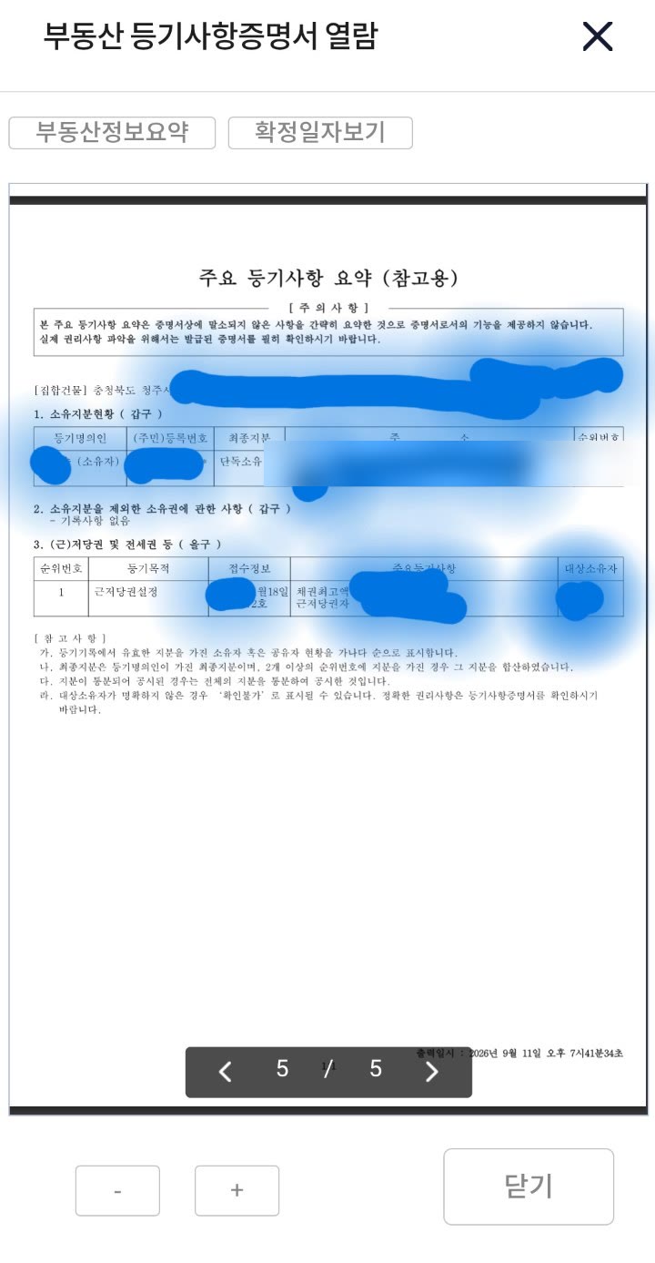 부동산 등기사항 요약 열람 화면. 소유지분현황과 근저당권 설정 내역